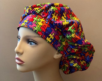 Monogrammed Autism Puzzle Pieces Bouffant Cap, Puzzle Fabric Cap, Autism Fabric Mask, Puzzle Chapstick Keychain, Scrub Cap Food Worker Hat
