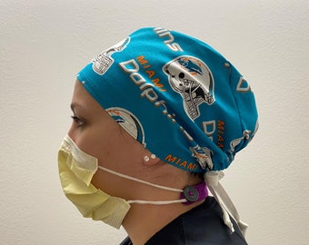 Scrub Hat made from Miami Dolphins NFL Football Fabric Surgical Scrub One Size Fits All Dolphins Adjustable Scrub Hat Ties in Back