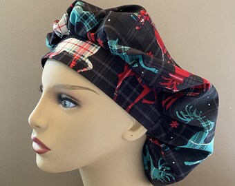 Monogrammed Reindeer Bouffant Scrub Head, Plaid Reindeer Fabric Bouffant Scrub Cap, Christmas Reindeer Surgical Scrub Cap or Food Worker Hat