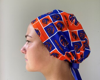 Idaho's Boise State Scrub Cap, Boise State Fabric, Idaho Buster Bronco Fabric, Boise Scrub Cap, Boise State Chapstick Key Chain