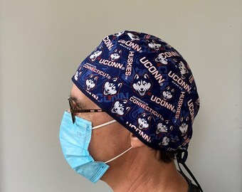 Surgeon Scrub Hat made with University Connecticut Fabric, UCONN Surgeon Style Scrub Cap, Connecticut Unisex One Size Fits All Tie in Back