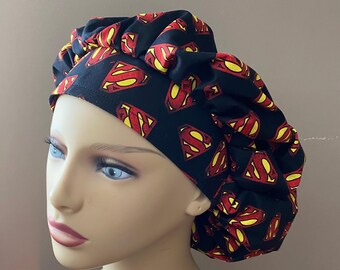 Monogrammed Superman Fabric Bouffant Cap, Superman Fabric Bouffant Scrub Head, superman Bouffant Scrub Cap Food Worker Hat Bouffant