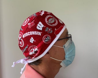Scrub Hat made from University of Wisconsin, Badgers Badge Reel, Wisconsin Badgers One Size Fits All Adjustable Tie in back Cap