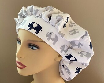 Monogrammed Elephants Bouffant Cap, Elephants Fabric Cap, Elephant Fabric Design Bouffant Cap, Elephant Surgical Scrub Cap Food Worker Hat