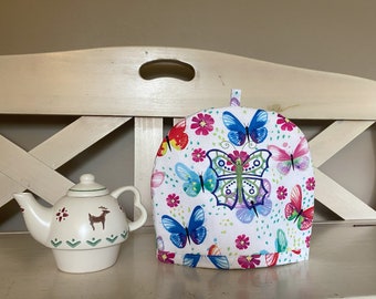 Embroidered Butterfly Tea Cozy, Blue Purple Pink Butterflies Teapot Cozy,  Butterfly fabric Teapot Warmer, Summer Teapot Cozy, Teapot Cozy