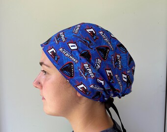 Scrub Hat made from DePaul University Fabric, DePaul Blue Demons Fabric Surgical Scrub, One Size Fits All Adjustable Tie in back
