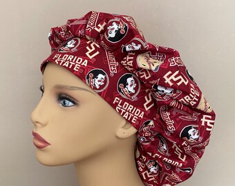 Bouffant Scrub hat made with Florida State Fabric, Seminoles Badge Reel, Florida State Bouffant Scrub Cap Surgical or Food Worker Hat