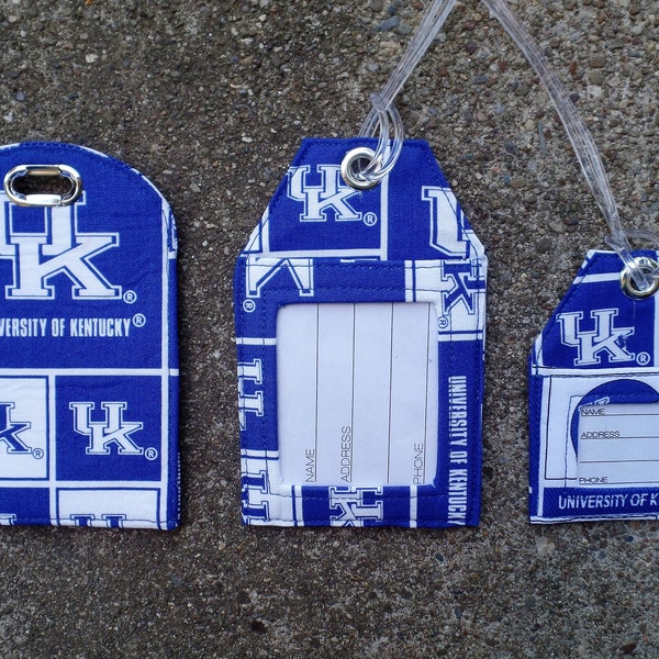 Work ID Badge Protector Luggage Tags made from University of Kentucky Wildcats Blue and White Fabric Name Identification Bag and Gift Tags