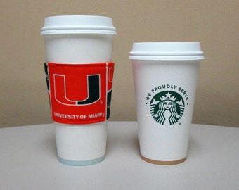 Coffee Cozy Made From University Miami Hurricanes Fabric,Coffee Cozy,Coffee Cup Sleeve,Coffee Cup Holder,fabric coffee holder, iced coffee