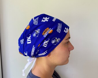 Scrub Cap made University of Kentucky Fabric, Kentucky Wildcats Fabric, Kentucky Badge Reel, Wildcats Surgical scrub hat ties in back