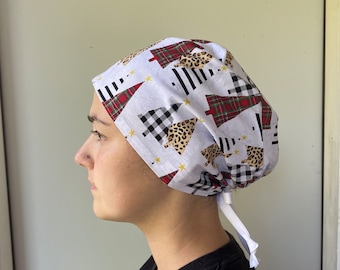 Christmas Trees Scrub Cap, Christmas Scrub Hat, Christmas Tree Fabric, Adjustable One Size Fits All Tie in Back