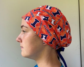 Scrub Hat made from University Illinois Illini Fabric, Illinois Chapstick Keychain, Illinois Badge Reel, One Size Fits All Tie in back