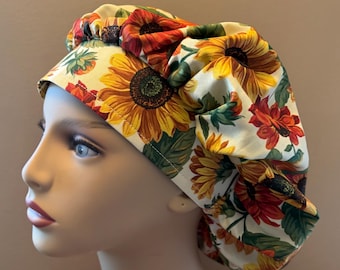 Monogrammed SunFlowers Fabric Bouffant Hat One Size Fits Fall Sunfllwer Fabric Bouffant Scrub Head, Surgical Scrub Cap or Food Worker Hatj