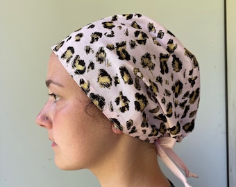 Pink Leopard Cheetah Surgical Scrub Cap,Pink Cheetah Fabric,Adjustable One Size fits all Cheetah Monogrammed Scrub Cap
