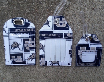 Luggage Tags made with Utah State University Fabric, Utah Aggies Badge Protector, Utah State Aggies Blue Navy and White Luggage