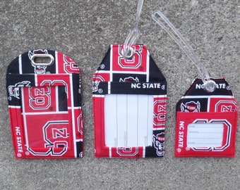 NC State Luggage Tags, North Carolina Wolfpack Fabric, NC State Wolfpack Badge Holder, NC State Luggage Bag Tags Badge Protector Holder