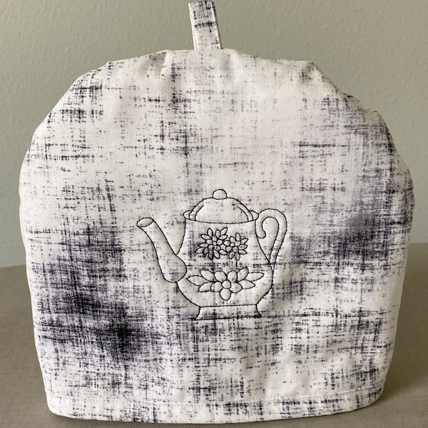 Black and White Tea Cozy, Embroidered Teapot Cozy, Black and white fabric Teapot Warmer, Summer Teapot Cozy, Teapot Cozy