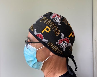 Surgeon Scrub Hat made from MLB Pittsburgh Pirates Fabric, Pirates Surgeon Surgical Scrub Hat Gold and Black One Size Fits All Tie in Back