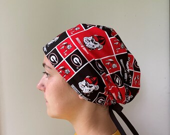 Scrub Hat made from University of Georgia Fabric, Georgia Bulldogs Surgical Scrub Cap, One Size Fits All Adjustable Tie in Back