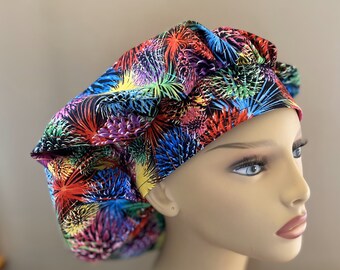 Monogrammed Fireworks Bouffant Scrub Cap,Cheetah Fabric Cap, Monogrammed Firework Fabric Surgical Scrub Cap Food Worker Hat