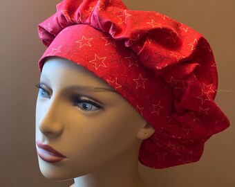 Monogrammed White stars on Red fabric. Bouffant Scrub Cap, Patriotic Americana Bouffant Hat, Surgical Scrub Cap or Food Worker Hat