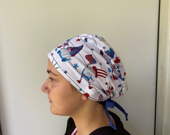 Patriotic Gnomes Scrub cap, Monogrammed Gnomes Fabric featuring Surgical Scrub Cap Patriotic Gnomes Size Fits All Adjustable Ties in back