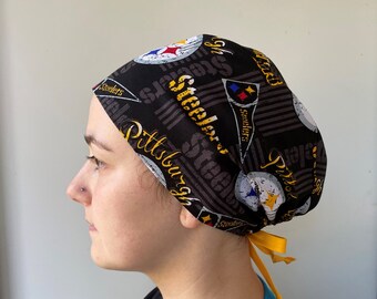 Scrub Hat made from Pittsburgh Steelers NFL Football Fabric Surgical Scrub One Size Fits All Steelers Adjustable Scrub Hat Ties in Back