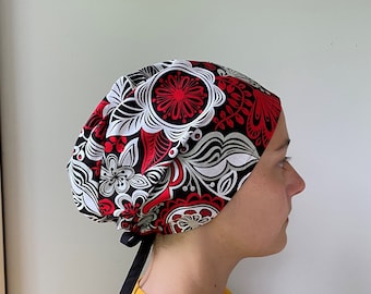 Monogrammed Black and Red Flowers Scrub Hat, Red and Black Fabric Floral Surgical Scrub Hat Unisex One Size Fits All Adjustable Tie in Back