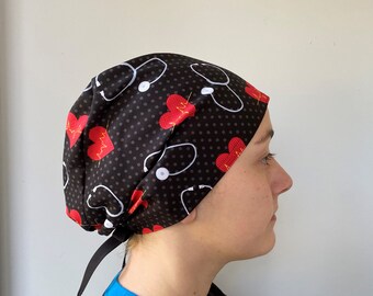 Monogrammed Stethoscope Scrub Hat, Surgeon Stethoscope Fabric Scrub Hat, Nursing Fabric One Size Fits All Surgical Scrub Cap Ties in Back