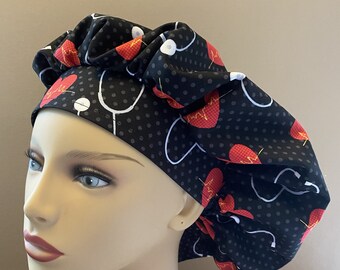 Cardiac Care Bouffant Cap, monogrammed Stethoscope Fabric Bouffant Scrub Head, Nurse Tools Surgical Scrub Cap or Food Worker Hat