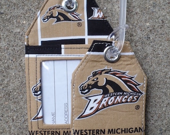 Luggage Tags made from Western Michigan University Broncos Fabric, Broncos Luggage Tags, WMU Identification Protector/Badge holders