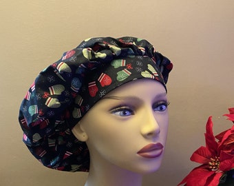 Christmas Mittens Bouffant Scrub Head. Christmas Mitten Fabric Bouffant Scrub Cap, Christmas Surgical Scrub Cap or Food Worker Hat