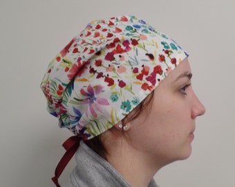 Monogrammed Wild Flower Scrub Hat,Spring Floral Fabric Scrub Cap,Flowers Print Scrub Hat Ties back One Size Monogrammed Surgical Scrub Cap