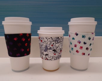 Paw Prints Coffee Cozy, Animal Paw Print Coffee Cozy, Puppies Dogs Custom Coffee Sleeve, Coffee Cup Holder, Paw Print Fabrics