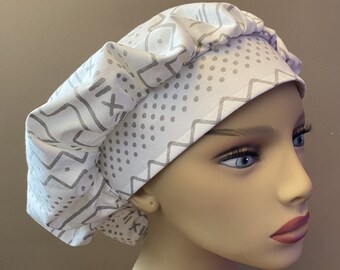 Monogrammed Gray and White Aztec Bouffant Scrub , Silver and White Polka Dots Fabric Bouffant Scrub, Surgical Scrub Cap or Food Worker Hat