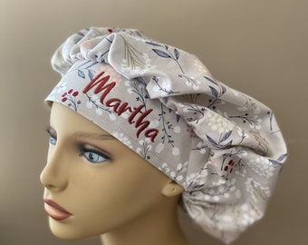 Gray and White Flowers Bouffant Scrub Hat, Silver Seeds Silver Floral Fabric Bouffant Scrub Head, Surgical Scrub Cap or Food Worker Hat