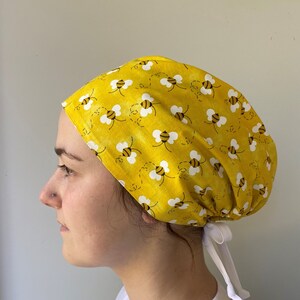 Monogrammed Save the Bees Bumblebee Fabric Scrub Cap One Size Fits All Adjustable Bumblebee Scrub ties in Back Surgical Scrub Hat