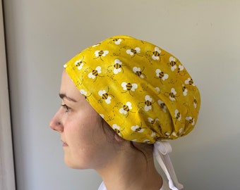 Monogrammed Save the Bees Bumblebee Fabric Scrub Cap One Size Fits All Adjustable Bumblebee Scrub ties in Back Surgical Scrub Hat
