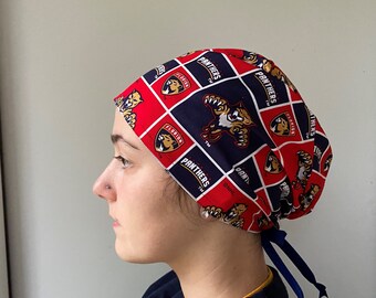 Monogrammed Scrub Hat made from NHL Florida Panthers Fabric, Panthers Scrub Hat, NHL Panthers Badge Reel, One Size Fits All Adjustable