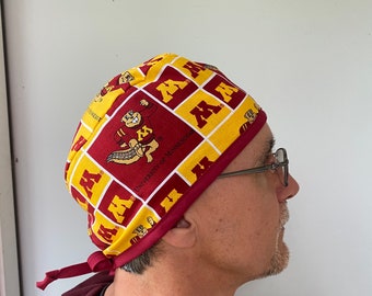 Mens Surgeon Style Scrub Hat made from Minnesota Gophers fabric. University of Minnesota scrub cap, ties in back.