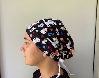 Monogrammed Cats Scrub Hat,Kittens Surgical Scrub Hat Black and White Scrub Hat,Pets Scrub Hat,Ties in Back Adjustable One Size Fits All