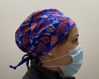 Monogrammed Scrub Hat made from University of Dayton Fabric, Dayton Flyers Fabric Surgical Scrub, Dayton One Size Fits All Adjustable