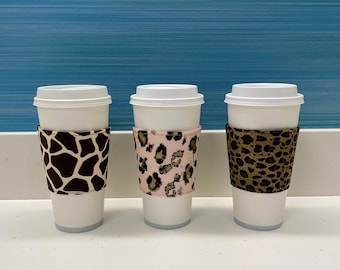 Pink Leopard Cozy, Giraffe Cheetah Fabric Coffee Cozy, Pink Leopard Cheetah Giraffe Badge Reels, Coffee Cup Sleeve, Coffee Cup Holder,