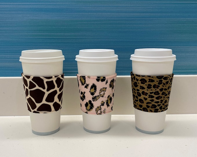 Featured listing image: Pink Leopard Cozy, Giraffe Cheetah Fabric Coffee Cozy, Pink Leopard Cheetah Giraffe Badge Reels, Coffee Cup Sleeve, Coffee Cup Holder,