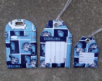 Luggage Tags made from UNC University of North Carolina Fabric Work IDentification Badge Protector Holder from UNC Fabric