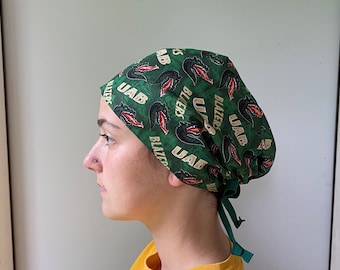 Scrub cap made from University of Alabama Birmingham Fabric, UAB Fabric Scrub Surgical Scrub Hat One Size Fits All Adjustable Tie