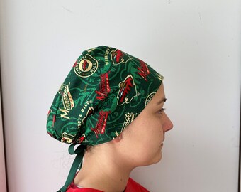 Minnesota Wild Scrub Hat, NHL Minnesota Wild Fabric, Surgical Scrub Hat, MN Wild Badge Reel, One Size Fits All Adjustable Tie in Back