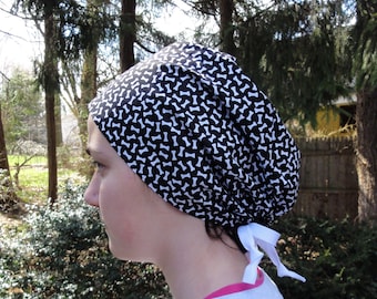 Monogrammed Dog Bones Scrubs,Black with White Bones Monogrammed Dog Scrub Head, Adjustable One Size Fits All Surgical Scrub Cap Ties in Back