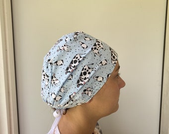 Black Cow Holstein and calf scrub Hat, Black Cow Fabric, Mama and baby Cow Scrub Cap, One Size Fits All Surgical Cow Scrub Cap