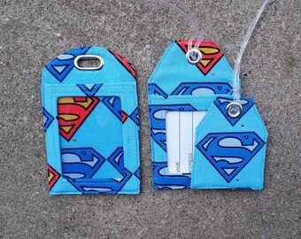 Superman Work ID Badge Protector Holder Luggage Tags made from Superman Superhero Fabric Badge Holder and Luggage Gift Tags mark your Gear